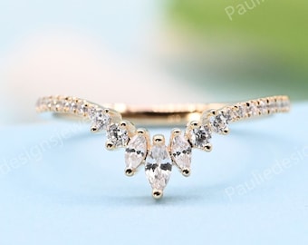 14K witgoud Vintage Moissanite trouwring, Art Deco bijpassende band gebogen trouwring, bruids stapelbare ring, verjaardag belofte ring