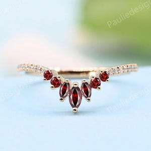Unique Marquise Cut Red Garnet Wedding Ring Rose Gold Matching Band Art Deco Garnet Stacking Ring January Birthstone Anniversary Gift