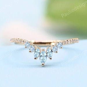 Unique Marquise Cut Aquamarine Wedding Curved Band Rose Gold Half Eternity Stacking Ring Art Deco Aquamarine Matching Band Anniversary Gift