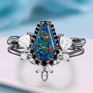 Bague de fiançailles cercueil opale de feu noire 14K/10K or massif onyx noir halo bague de fiançailles Art déco moissanite cadeau d&#39;anniversaire