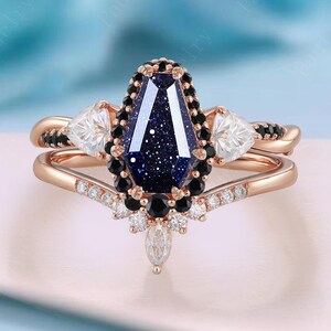 Coffin Cut Blue Sandstone Ring Set: Rose Gold Halo, Moissanite Bridal Jewelry