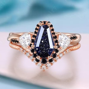 Coffin Cut Blue Sandstone Ring Set: 14K Rose Gold Twisted Band, Moissanite & Black Onyx