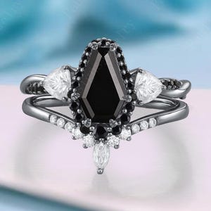 Antique Coffin Cut Black Onyx Engagement Ring Set Black Gold Cluster Moissanite Wedding Band Unique Black Onyx Bridal Set Anniversary Gift