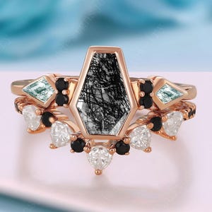 Unique Coffin Cut Black Rutilated Quartz Engagement Ring Set Rose Gold Moissanite Wedding Band Art Deco Black Quartz Bridal Set Women Gift