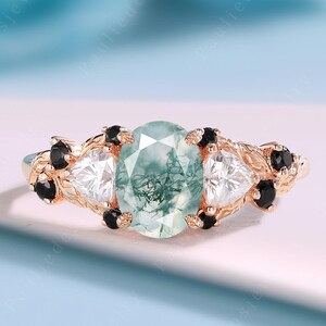 Unique oval cut moss agate engagement ring rose gold nature inspired promise ring art deco moss agate bridal ring anniversary gift