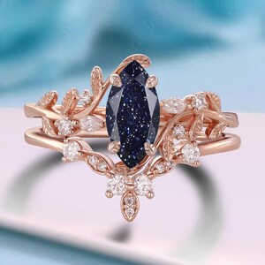Vintage Marquise Blue Sandstone Engagement Ring Set Rose Gold Twig Leaf Vine Blue Sandstone Bridal Set Art Deco Gemstone Promise Ring Gift