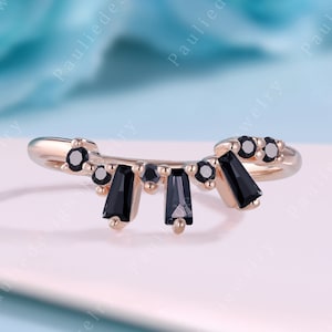 Vintage Baguette Cut Black Onyx Wedding Ring Art Deco Black Onyx Stacking Ring 14K Rose Gold Matching Band Women Anniversary Gift