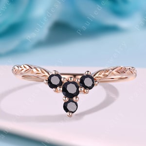 Unique Black Rose Gold Onyx Wedding Band Art Deco Leaf Stackable Ring Vintage Black Onyx Matching Band Black Gemstone Ring Anniversary Gift