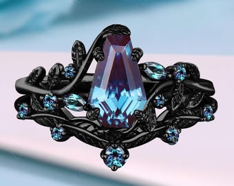 Coffin Alexandrite Engagement Ring Set Gothic Leaf Vine Twig Nature Inspired Ring 14K Black Gold June Birthstone Bridal Set Anniversary Gift