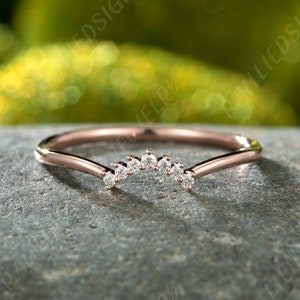 14K Rose Gold Curved Wedding Band, Moissanite Band, Matching Band,  Dainty Wedding Band, V Ring, Chevron Wedding Band Anniversary
