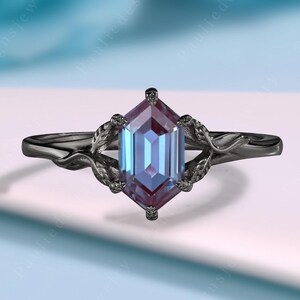 Gothic Hexagon Alexandrite Engagement Ring 14K Black Gold Twig Leaf Alexandrite Solitaire Wedding Ring June Birthstone Anniversary Gift