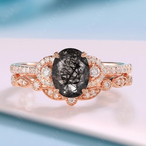 Oval Cut Black Rutilated Quartz Engagement Ring Set Rose Gold Cluster Moissanite Ring Art Deco Rutailted Quartz Bridal Ring Anniversary Gift