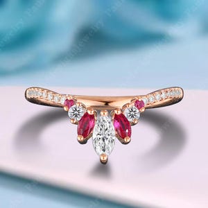 Unique Marquise Cut Moissanite Wedding Ring Curved Rose Gold Matching Band Art Deco Ruby Stacking Ring January Birthstone Anniversary Gift