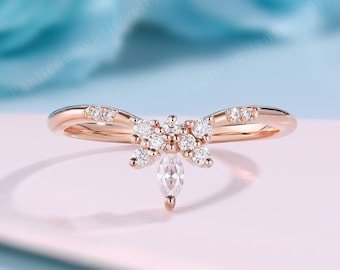 Alianza de boda de moissanita de corte marquesa vintage, banda de diamantes en oro rosa de 14 k, anillo de boda curvo único, apilable, alianza de boda a juego para aniversario