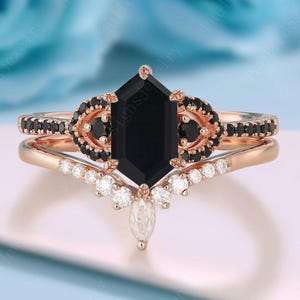 Vintage Hexagon Cut Black Onyx Engagement Ring Set Unique Rose Gold Moissanite Promise Ring Art Deco Black Onyx Bridal Set Anniversary Gift