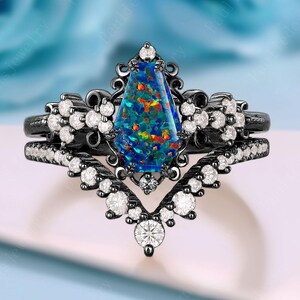 Ensemble de bagues de fiançailles cercueil en or noir, opale de feu noire, bague de promesse sorcière noire pour elle, ensemble de mariage d&#39;opale, cadeau d&#39;anniversaire de naissance d&#39;octobre