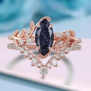 Vintage 1ct Marquise Cut Blue Sandstone Engagement Ring Set Unique Rose Gold Starry Night Blue Sandstone Promise Ring Anniversary Gift