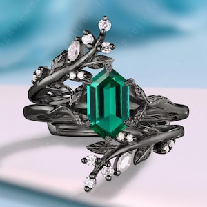 Gothic Hexagon Cut Emerald Engagement Ring Set Blakc Gold Floral Leaf Emearld Enhancer Wedding Band Unique Emerald Bridal Set May Birthstone