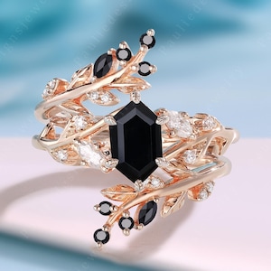 Unique Hexagon Cut Black Onxy Engagement Ring Set Rose Gold Engagement Ring Twig Leaf Enhance Black Onyx Bridal Set Anniversary Gift