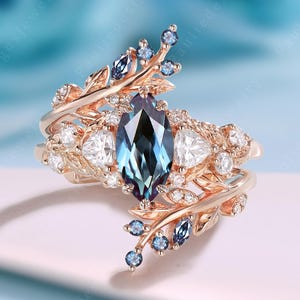 Unique Marquise Cut Alexandrite Engagement Ring Set Rose Gold Engagement Ring Twig Leaf Enhance Alexandrite Bridal Set Anniverasry Gift