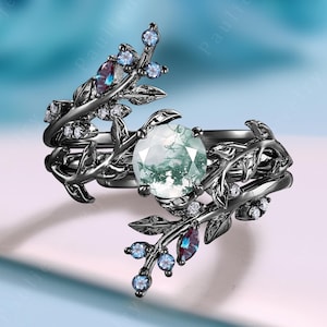 Unique Round Cut Moss Agate Engagement Ring Set Rose Gold Twig Leaf Enhance Alexandrite Stacking Wedding Band Unique Moss Agate Bridal Set