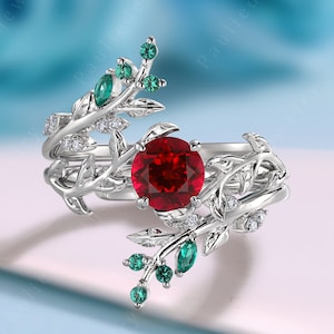 Vintage Round Cut Ruby Floral Engagement Ring Set Natural Leaf Enhancer Emearld Wedding Band Art Deco Ruby Bridal Set Anniversary Gift