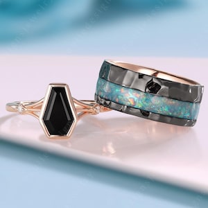 Antique Coffin Black Onyx Couple Ring Set Rose Gold His and Hers Wedding Band Art Deco Black Onyx Solitaire Wedding Ring Anniversary Gift