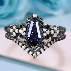 Unique Coffin Cut Blue Sandstone Engagement Ring Set Gothic Black Gold Nebula Wedding Ring Unique Moissanite Bridal Ring Annivesary Gift