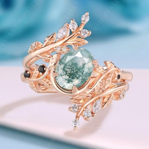 Vintage Oval Cut Moss Agate Engagement Ring 14K Rose Gold Bridal Ring Art Deco Enhance Moissanite Moss Agate Wedding Band Anniversary Gift