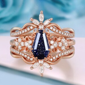 Vintage Coffin Cut Blue Sandstone Engagement Ring Set Rose Gold Enhance Moissanite Stack Wedding Band Art Deco Blue Sandstone Bridal Set