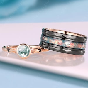 Moss Agate Wedding Couple Ring Set Rose Gold Moss Agate Engagement Ring His And Hers Wedding Ring Set Men Matching Band Anniversary Gift