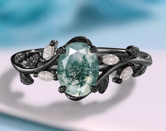 Black Gold Moss Agate Engagement Ring Vintage Black Gold Moss Agate Solitaire Wedding Ring Unique Twisted Promise Ring Anniversary Gift