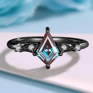 Gothic Kite Cut Alexandrite Engagement Ring Black Gold Engagement Ring Unique Alexandrite Solitaire Ring June Birthstone Anniversary Gift