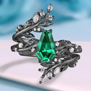 Gothic Coffin Cut Smaragd Verlobungsring Set Schwarzgold Twif BlattEnhancer Moissanite Smaragd Ehering Mai Birthstone Jubiläumsgeschenk