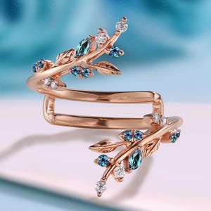 Vintage Leaf Floral Alexandrit Dubbelböjd Vigselring Roséguld Moissanit Förstärkarring Unik Twig Ring Äktenskapsring Löfte Gåva