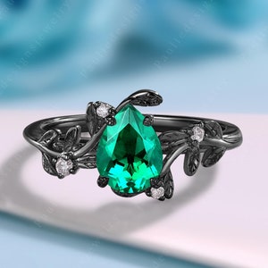 Twig Pear Shaped Emerald Ring Vintage Nature Inspired Unique Emerald Engagement Ring Antique Leaf Ring Bridal Wedding Ring Anniversary Gift