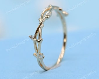 Round Natural Diamond Wedding Band, Rose Gold Branch Matching Band, Half Eternity Twig Band, Nature Inspired Ring, Anniversary Promise Ring