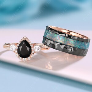 Black Onyx Couple Ring Set Rose Gold His&Her Matching Wedding Band Vintage Black Onyx Halo Engagement Ring Men Wide Wedding Band Couple Gift