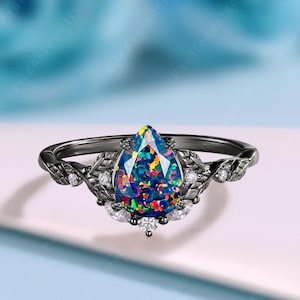 Gothic Birne Schwarz Feueropal Verlobungsring Einzigartige Rhodium Black Blatt Versprechen Ring Vintage Schwarzer Zweig Zweig Hochzeit Ring Jahrestag Geschenk
