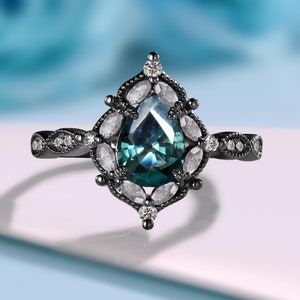Vintage Teal Sapphire Engagement Ring 14K Rose Gold Art Deco Moissanite Rings Unique Marquise Shaped Diamond Ring Anniversary Promis Gifts