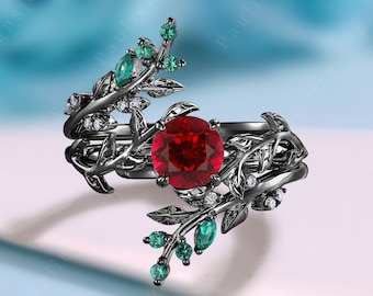 Vintage Gothic Ruby Engagement Ring Set, Nature Inspired Leaf Emerald  Promise Ring, Black Gold Enhancer Wedding Ring, Anniversary Gift
