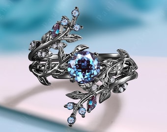 Black Gold Alexandrite Engagement Ring Set Unique Twig Leaf Enhancer alexandrite Stacking Wedding Band June Birthstone Anniversary Gift