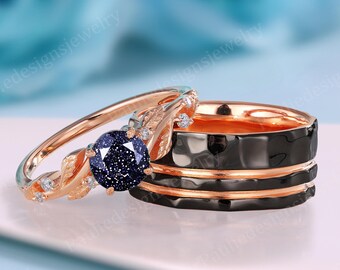 Round Blue Sandstone Couple Ring Set Art Deco Leaf Vine Engagement Ring Blue Sandstone Solitaire Ring Men Wide Wedding Band Anniversary Gift