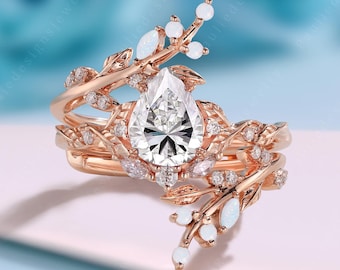 Unique Pear Moissanite Engagement Ring Set, Vintage 14K Rose Gold Leaf Enhancer Band,  Leaf Vine Branch Bypass Bridal Set, Anniversary Gifts