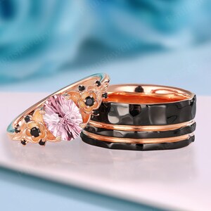 14K Rose Gold Pink Sapphire Wedding Ring Set Rose Gold Sapphire Engagement Ring Unique Couple Ring Set Pink Gemstone Ring Anniversary Gift