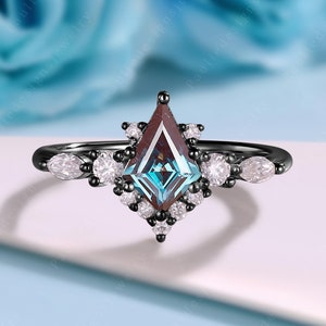 Gothic Kite Cut Alexandrite Engagement Ring, Black Gold Marquise Cut Moissanite Wedding Ring, Vintage Cluster Diamond Ring, Anniversary Gift
