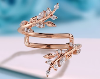 Unique Leaf Floral Moissanite Wedding Ring, Vintage Rose Gold Double Curved Enhancer Ring, 14k Leaf Cluster Promise Ring, Anniversary Gift