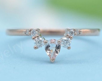 Pear Shaped Morganite Curved Wedding Band Rose Gold Chevron Stacking Wedding Band Vintage Moissanite Matching Rings Promise Anniversary Ring