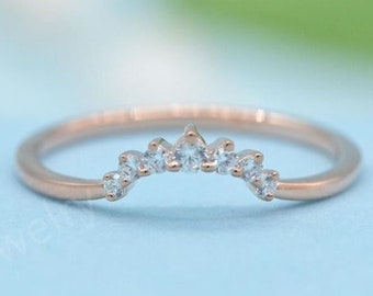 Antique Round Natural Diamond Curved Wedding Band, Vintage Rose Gold Wedding Ring, Bainty Stacking Matching Ring, Unique Promise Bridal Band