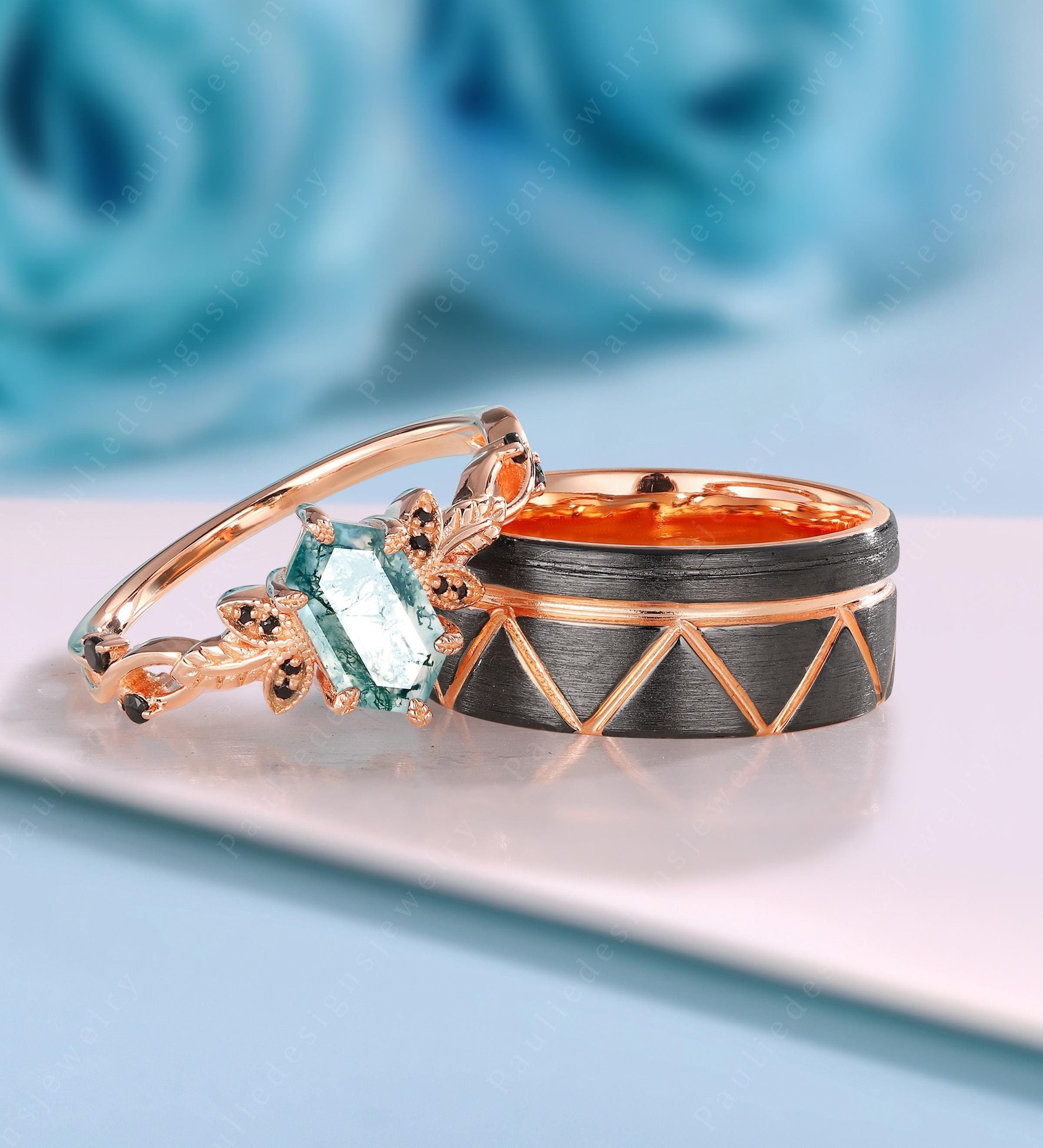 Vintage Hexagon Moss Agate Ring Set: Rose Gold Twist Bridal Rings
